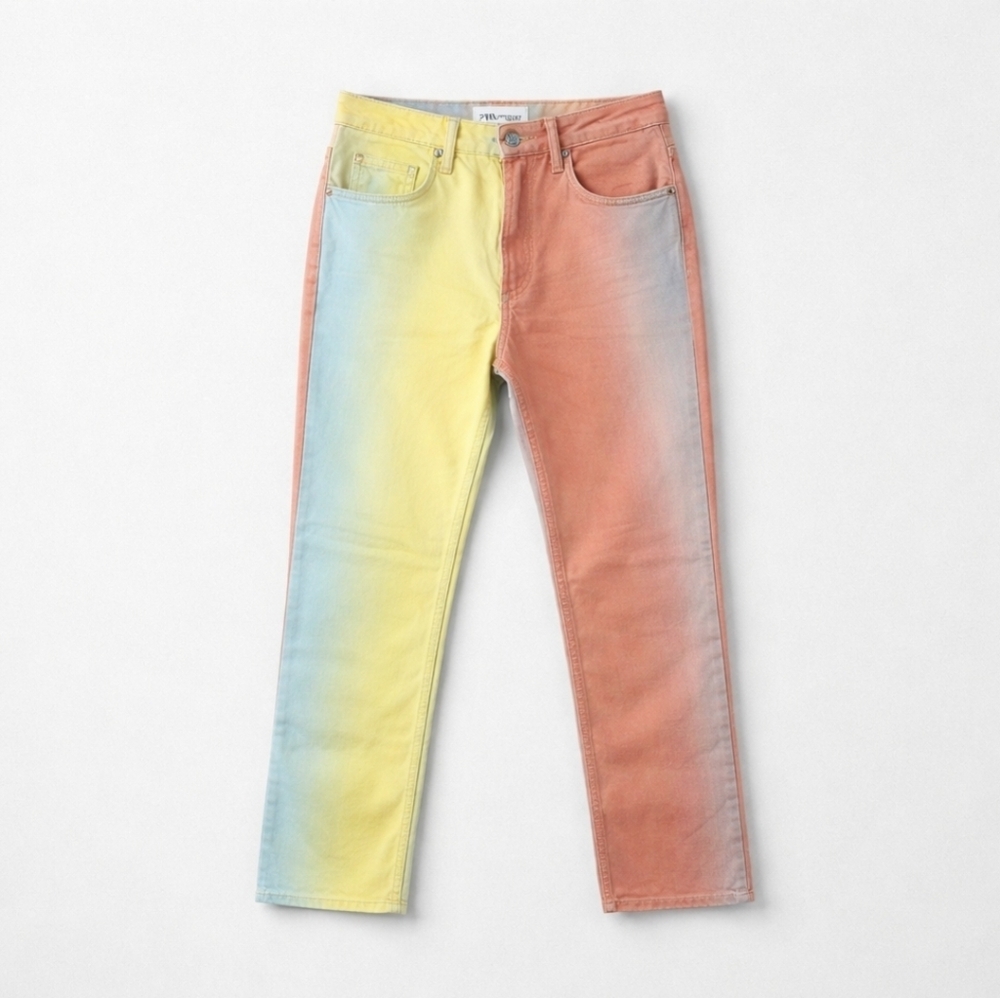 Zara Heatwave High Raise Retro Straight Leg Jeans Tie-dye Ombré Rainbow 2